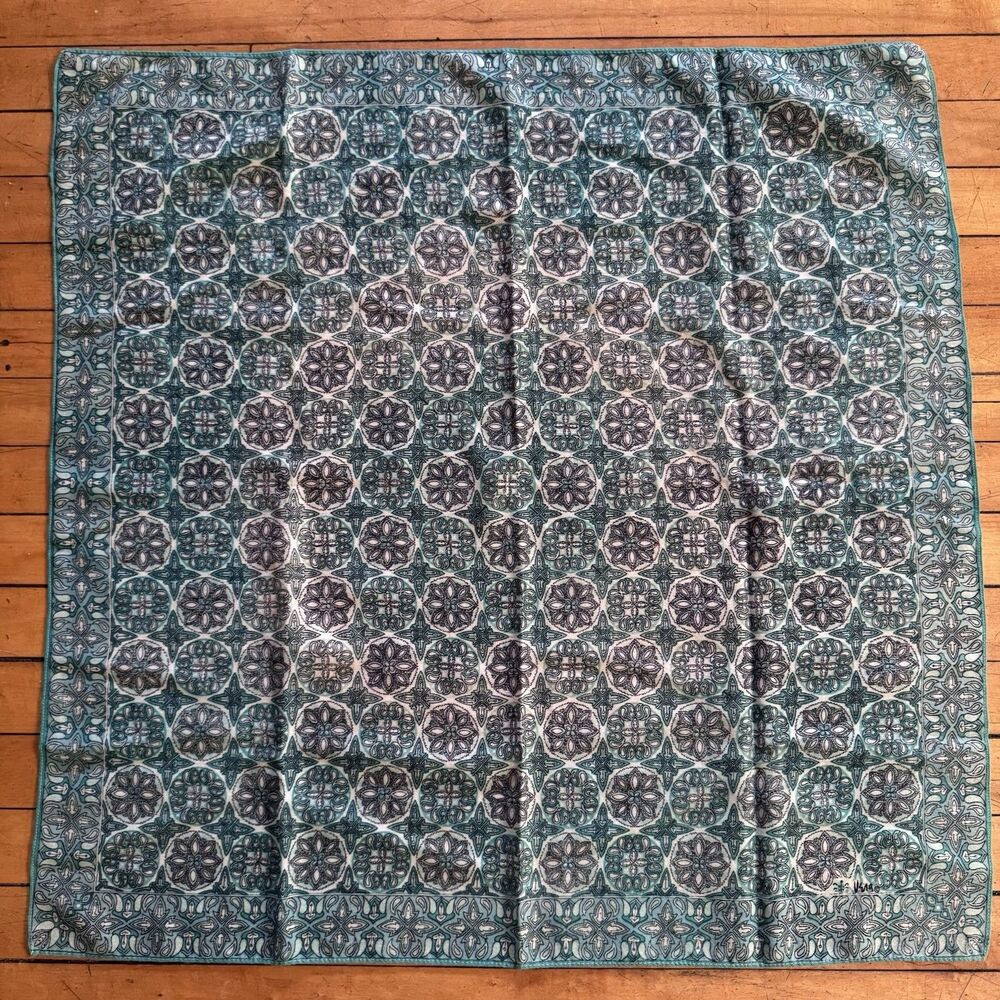 VERA 100% Wool Scarf Square Blue Geometric White Teal Vintage 30x31 1970s